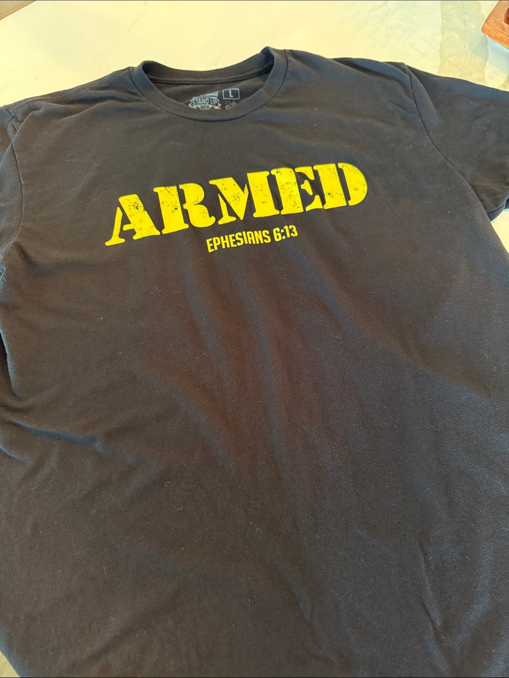 ARMED Ephesians 6:13 Black Short Sleeve Tee with Yellow Print